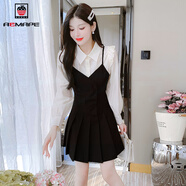 AEMAPE假兩件感長(cháng)袖連衣裙女2025春季新款優(yōu)雅淑女短裙小個(gè)子氣質(zhì)A字裙 黑色 S 100以下