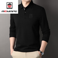 AEMAPE春秋季翻領(lǐng)刺繡polo衫男針織翻領(lǐng)長袖T恤美式休閑珠地棉毛t打底衫 黑色 165/M 建議（95-115斤）