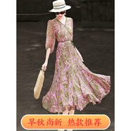 蘭瑟兒2025早秋新款氣質(zhì)法式復(fù)古收腰系帶V領(lǐng)印花荷葉邊連衣裙女 粉紫色 粉綠印花 2XL