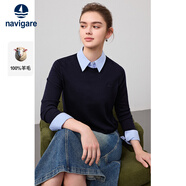 Navigare意大利小帆船假兩件針織衫女士秋冬季襯衫領(lǐng)毛衣通勤簡(jiǎn)約純羊毛衫 海軍藍 L