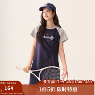 茵曼（INMAN）學(xué)院網(wǎng)球風(fēng)短袖T恤裙女2025夏季時(shí)尚撞色印花抽褶休閑連衣裙 寶藍(lán)色 L