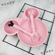 小麥秸稈防摔卡通兒童餐具碗筷套裝米奇碗寶寶輔食碗吃飯餐盤(pán)套裝 米妮(三件套)粉色