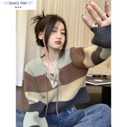 壹源港條紋撞色系帶針織毛衣女裝春秋季新款設(shè)計(jì)感V領(lǐng)寬松短款長袖上衣 綠色條紋 均碼 80-135斤
