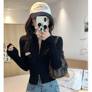 兔嵐短款毛衣女小個(gè)子新款修身雙拉鏈針織打底衫女冬內搭2025高腰 黑色(坑條/設計感小眾/好看洋派/法式奶系溫柔/外 S