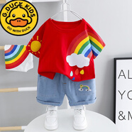 G.DUCKKIDS男童夏裝套裝2025新款洋氣寶寶夏季兩件套衣服嬰兒童小孩2潮1-3歲 新大紅 純棉短袖彩虹套裝 90 適合身高80-90年齡1歲半-2歲