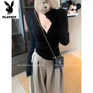 花花公子（PLAYBOY）新款網(wǎng)紅甜辣風(fēng)深V純欲針織衫上衣女秋冬紐扣半開(kāi)領(lǐng)緊身毛衣打底 黑色-旗艦款 S