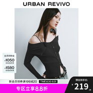 UR七夕秋季新款女設計感翻領(lǐng)一字肩露肩修身針織衫UWJ940033 正黑 L