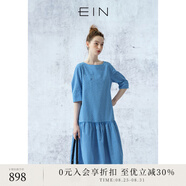EIN言美拉藍多巴胺格紋泡泡袖圓領(lǐng)低腰壓褶休閑娃娃裙夏季新款 寶藍 M