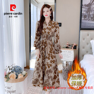 皮爾卡丹（pierre cardin）實(shí)拍秋冬暈染咖色印花加絨里連衣裙v領(lǐng)木耳邊高腰顯瘦打底裙長(cháng)裙 復古咖加絨 XL
