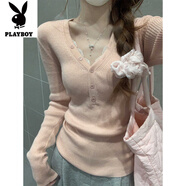 花花公子（PLAYBOY）新款網(wǎng)紅甜辣風(fēng)深V純欲針織衫上衣女秋冬紐扣半開(kāi)領(lǐng)緊身毛衣打底 花粉色-旗艦款 S