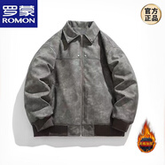 羅蒙（ROMON）PU皮美式復古鉚釘夾克男春秋麂皮翻領(lǐng)美拉德短款機車(chē)皮衣外套情侶 水墨灰（夾棉款） L （110-130斤）