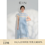 EIN【輕禮服】EIN言小黑裙中長(cháng)款絲棉短袖蕾絲連衣裙女2024夏季新款 淺藍 L