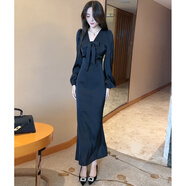 AC-AICHEN法式氣質(zhì)緞面長(cháng)袖v領(lǐng)連衣裙女秋季新款感收腰顯瘦黑色長(cháng)裙子 黑色 S 【建議85-95斤】