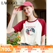 lagogo卡通印花撞色T恤女拉谷谷春季新款純棉透氣插肩短袖上衣 米紅(TH) M