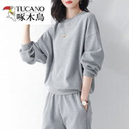 啄木鳥(niǎo)（TUCANO）加300斤華夫格運動(dòng)套裝女春秋時(shí)尚休閑跑步服寬松兩件裝 淺灰色 2XL 建議135-145斤