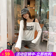 歐貝汐美式辣妹斜肩漏鎖骨字母印花寬松長(cháng)袖T恤女2025秋季上衣3432#白色S