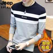JEEP SPIRIT吉普男撞色拼接長袖T恤2025春秋季圓領(lǐng)衛(wèi)衣休閑上衣套頭加絨體恤 503灰色（ 加絨 M