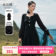 水云間黑色v領(lǐng)長(cháng)袖連衣裙女裝秋季新款2025針織拼接設計感氣質(zhì)網(wǎng)紗裙子 黑色 L