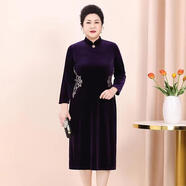 啄木鳥(niǎo)（TUCANO）金絲絨連衣裙秋冬胖媽M媽加肥加大刺繡長(cháng)裙中國民族風(fēng)大|碼旗袍女 紫色 L 建議110-130斤
