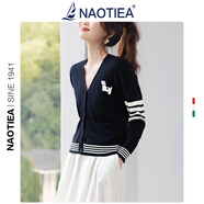 NAOTIEA納奧蒂爾小帆船酒紅色條紋V領(lǐng)長(cháng)袖針織開(kāi)衫女2026春秋新款毛衣 藏藍色 S （建議80-100斤）