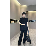 短袖套裝三件套純色歐洲站女裝2025夏秋新款寬松上衣披肩長(cháng)褲潮 黑色套裝 S