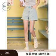 紫涵（ZIHAN）紫涵做舊卷邊刺繡牛仔短褲女2025年夏季新款松緊高腰藍色休閑熱褲 牛仔藍 XS