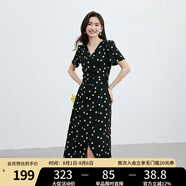 紅袖波點(diǎn)收腰連衣裙夏季2024新款女裝V領(lǐng)顯瘦減齡氣質(zhì)黑色顯白雪紡裙 黑底米點(diǎn)818 S