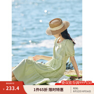 茵曼（INMAN）七七同款連衣裙2025夏女裝新款田園純棉提花方領(lǐng)A字泡泡袖蛋糕裙 淡綠色 M