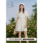 紫涵（ZIHAN）紫涵滿印花方領(lǐng)連衣裙女夏季森系田園風(fēng)寬松高腰短袖短裙 米底印花 S