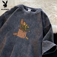 花花公子（PLAYBOY）2025新款水洗做舊短袖T恤女夏潮流ins風(fēng)衣服美式復(fù)古半袖 230g水洗黑TS-法棍花朵 S 【建議85至100斤】