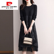 皮爾卡丹胖媽媽寬松顯瘦中長(cháng)款過(guò)膝針織蕾絲毛衣裙2025秋冬洋氣連衣裙 黑色 6XL 【加大碼】