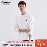 千紙鶴（Q ZHIHE）男裝秋季男士白色長(zhǎng)袖t恤印花純棉打底衫寬松圓領(lǐng)上衣21546 01Z白色 S