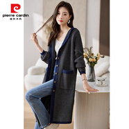 皮爾卡丹（pierre cardin）春秋針織拼色連帽開衫女外搭2025新款過膝寬松麻花加厚毛衣外套 灰色 M 建議95-110斤