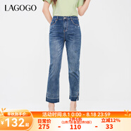 lagogo設(shè)計(jì)感九分牛仔褲女拉谷谷春夏新款休閑百搭高腰直筒褲子 靛藍(lán)色(N0) S