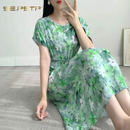 夏典素訂女王（SE.PSTP）波西米亞海邊渡假棉綢碎花連衣裙蝙蝠袖中長(cháng)款沙灘碎花人造棉裙子 蝙蝠袖綠葉雙色花 L 建議95-110斤