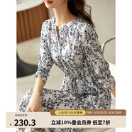 尚都比拉新中式連衣裙女夏季新款國(guó)風(fēng)青花瓷印花七分袖氣質(zhì)顯瘦碎花裙 白底藍(lán)花 S