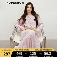 紅袖甜美垂感連衣裙2025春季新款女裝波西米亞風收腰木耳邊領雪紡長裙 煙霧粉181 XL