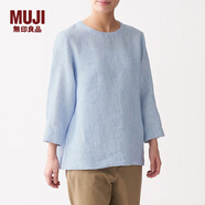 無印良品 MUJI 女式 亞麻水洗 七分袖罩衫 BCA01C0S 煙熏藍(lán)色X條紋 M