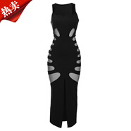 瑞詩(shī)珂歐美風(fēng)2025年夏季女裝新款時(shí)尚鏤空低領(lǐng)腰A字裙開(kāi)叉修身長(cháng)款連衣 黑色 L