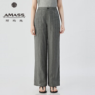 阿瑪施（AMASS）女裝2025新款腰頭兩側松緊亞麻直筒休閑長褲女510052 深灰條 M (3碼)