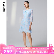 藍(lán)地（LANDI）系帶圓領(lǐng)撞色蕾絲連衣裙女春季新款七分袖收腰短裙 淺藍(lán)色 L