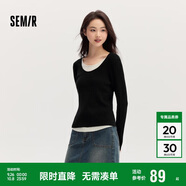 森馬毛衣女拼色假兩件毛衫修身春秋圓領(lǐng)套頭衫顯瘦109524107002
