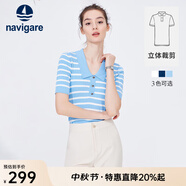 Navigare意大利小帆船短袖針織衫女士夏季顯瘦時(shí)尚條紋POLO衫V領(lǐng)毛衣T恤衫 冰水藍(lán)/白 XL 碼