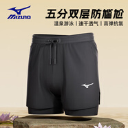 美津濃（MIZUNO）游泳褲男士防尷尬沙灘短褲雙層大碼泳衣泳鏡泳帽套裝夏B3122黑2XL