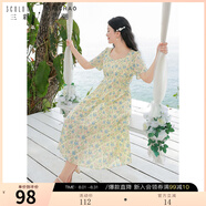 三彩大碼女裝2024夏季新款法式方領(lǐng)連衣裙碎花裙綁帶收腰浪漫胖MM 鵝黃花卉 M 160/88B
