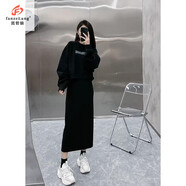 范哲狼（FANZELANG）春秋冬新款微胖mm大碼遮肉顯瘦衛衣套裝裙加絨加厚半身裙子兩件套 B0760-（加絨款）兩件套裝裙 M 建議(80-100斤)