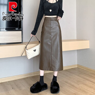 皮爾卡丹（pierre cardin）pu皮裙半身裙女秋冬季2025新款a字包臀裙高腰顯瘦開(kāi)叉中長(cháng)款裙子 咖色配腰帶 M