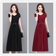 兩件裙裝連衣裙女夏胖mm短袖中長(cháng)款過(guò)膝長(cháng)裙系腰帶修身顯瘦A字裙 酒紅+黑色 2XL 115-130斤