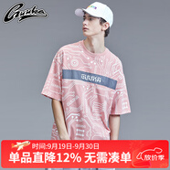 古由卡（GUUKA）潮牌短袖T恤男青少年ins嘻哈反光印花粉色五分袖T恤寬松 粉紅色 均碼 S