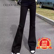 OLDER SEA黑色微喇叭牛仔褲女秋季2025新款女士高腰顯瘦彈力喇叭馬蹄褲子女 黑色 加絨 2XL 建議125-140斤